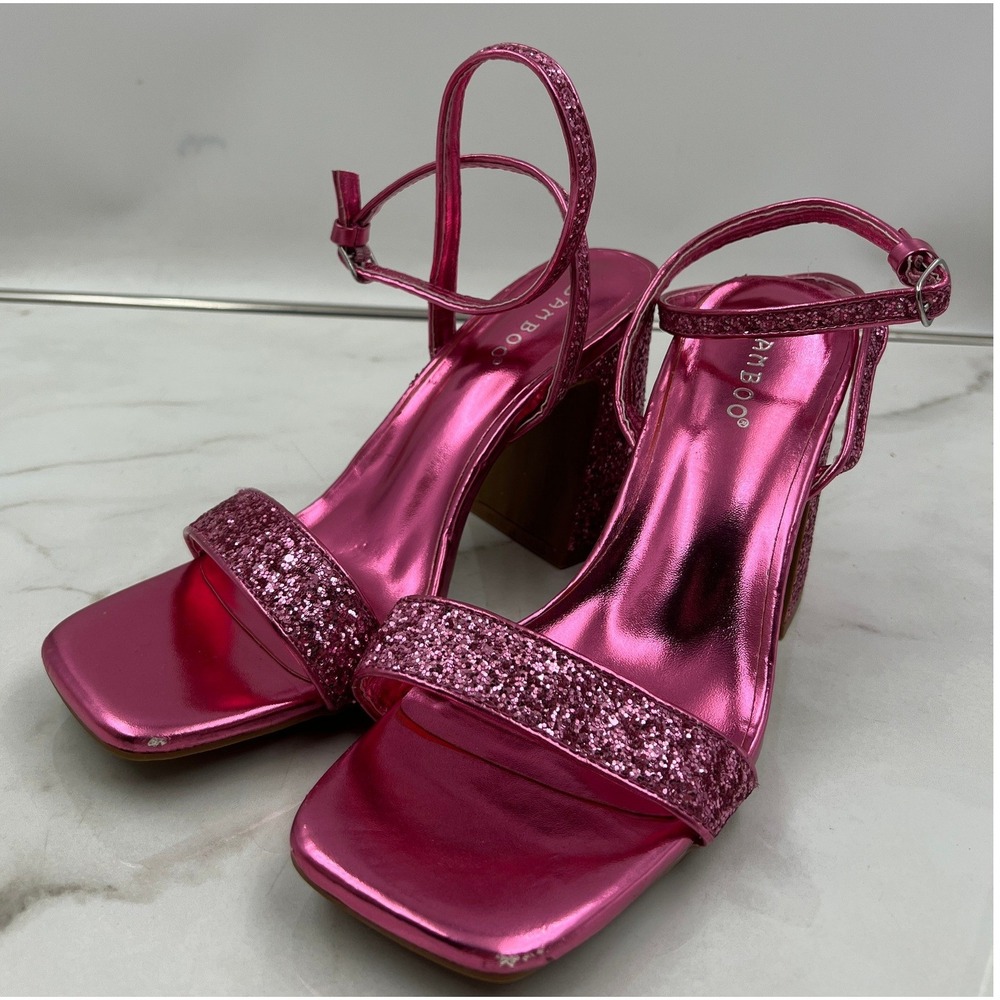Bamboo Exact Shoes Women's Sz 9 Pink Metallic Glitter Block Heel Sandals Square